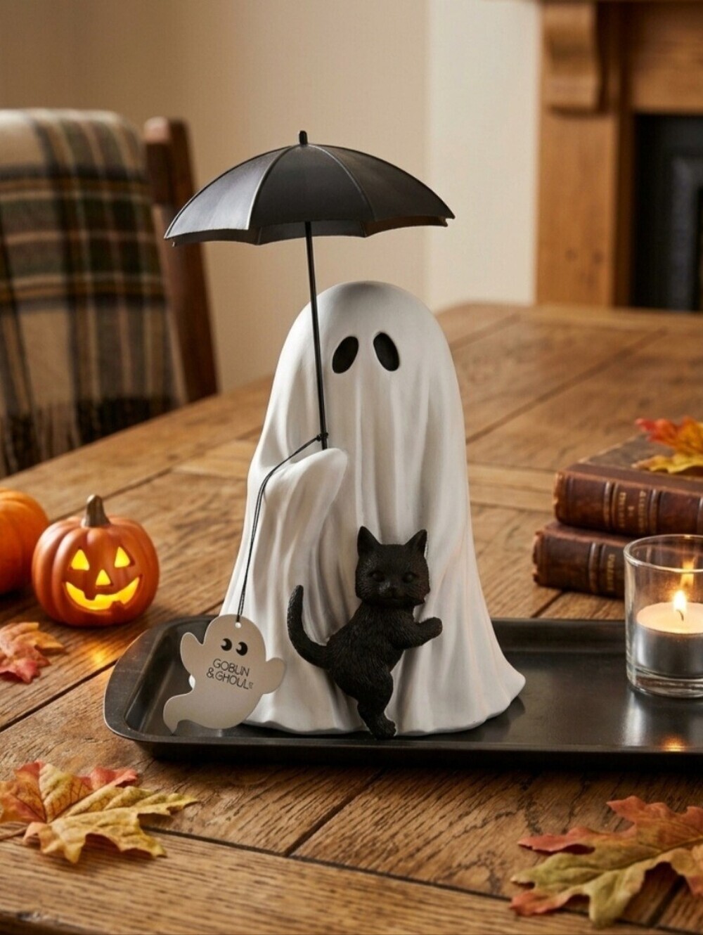 VIRAL HALLOWEEN GHOST WITH BLACK CAT UNDERNEATH UMBRELLA FIGURINE 12"H